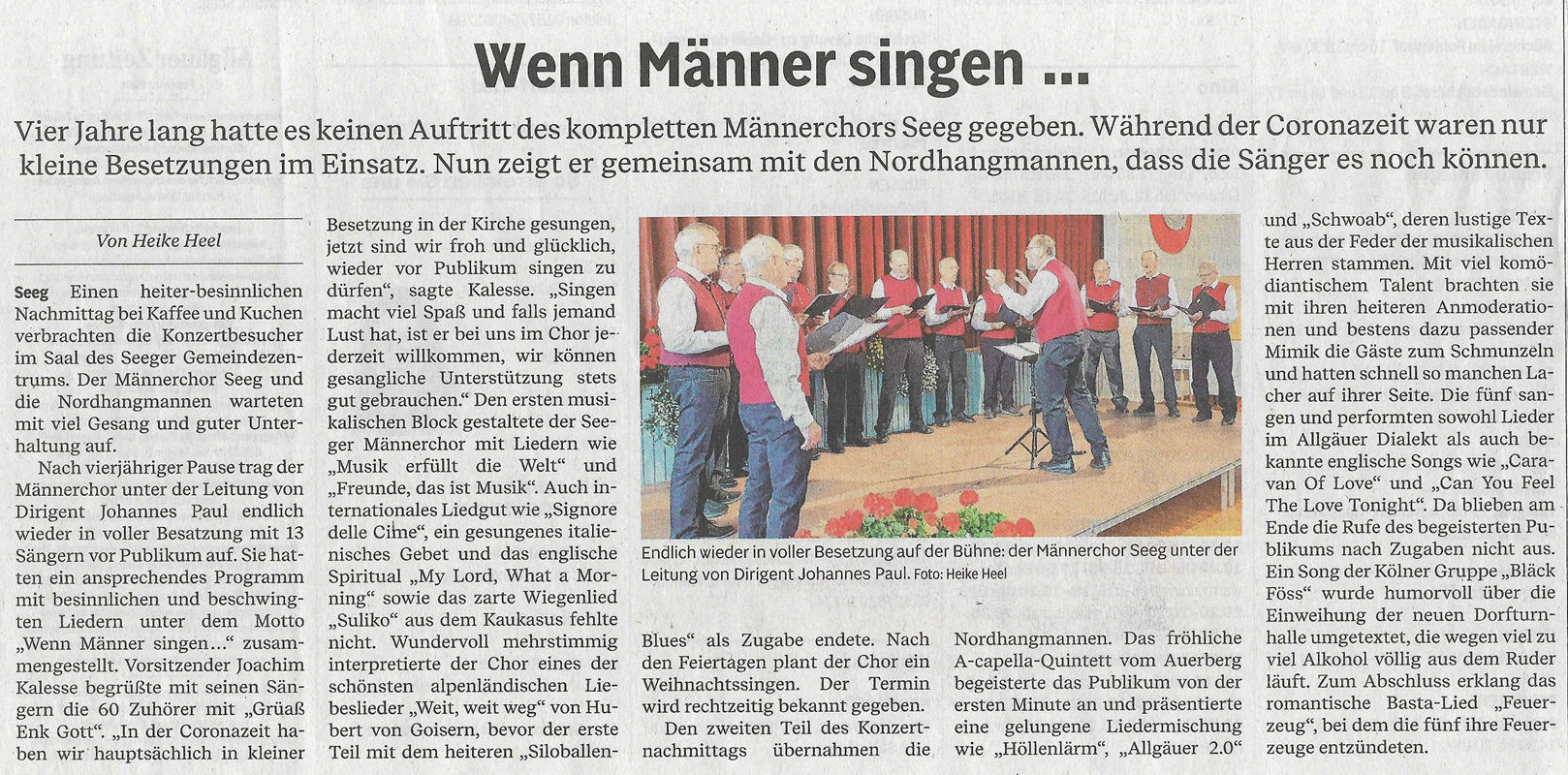 Zeitungsbericht zu Chorkonzert in Seeg mit dem Männerchor Seeg und den Nordhangmannen.